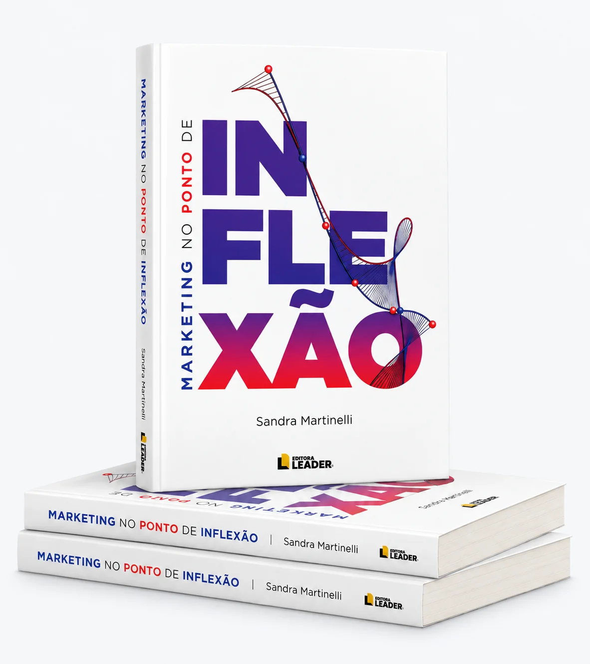 Marketing no Ponto de Inflexão, de Sandra Martinelli: um exemplar em pé sobre dois livros empilhados, com a capa e as lombadas visíveis.